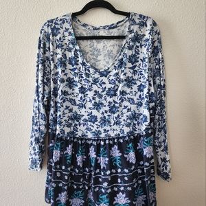 Woman Within 22/24 1X V-Neck Blouse 3/4 Sleeve Blue